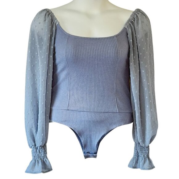 Promesa Periwinkle Bodysuit Dotted Swiss Balloon Sleeves with Flared Cuff Medium - Picture 3 of 9